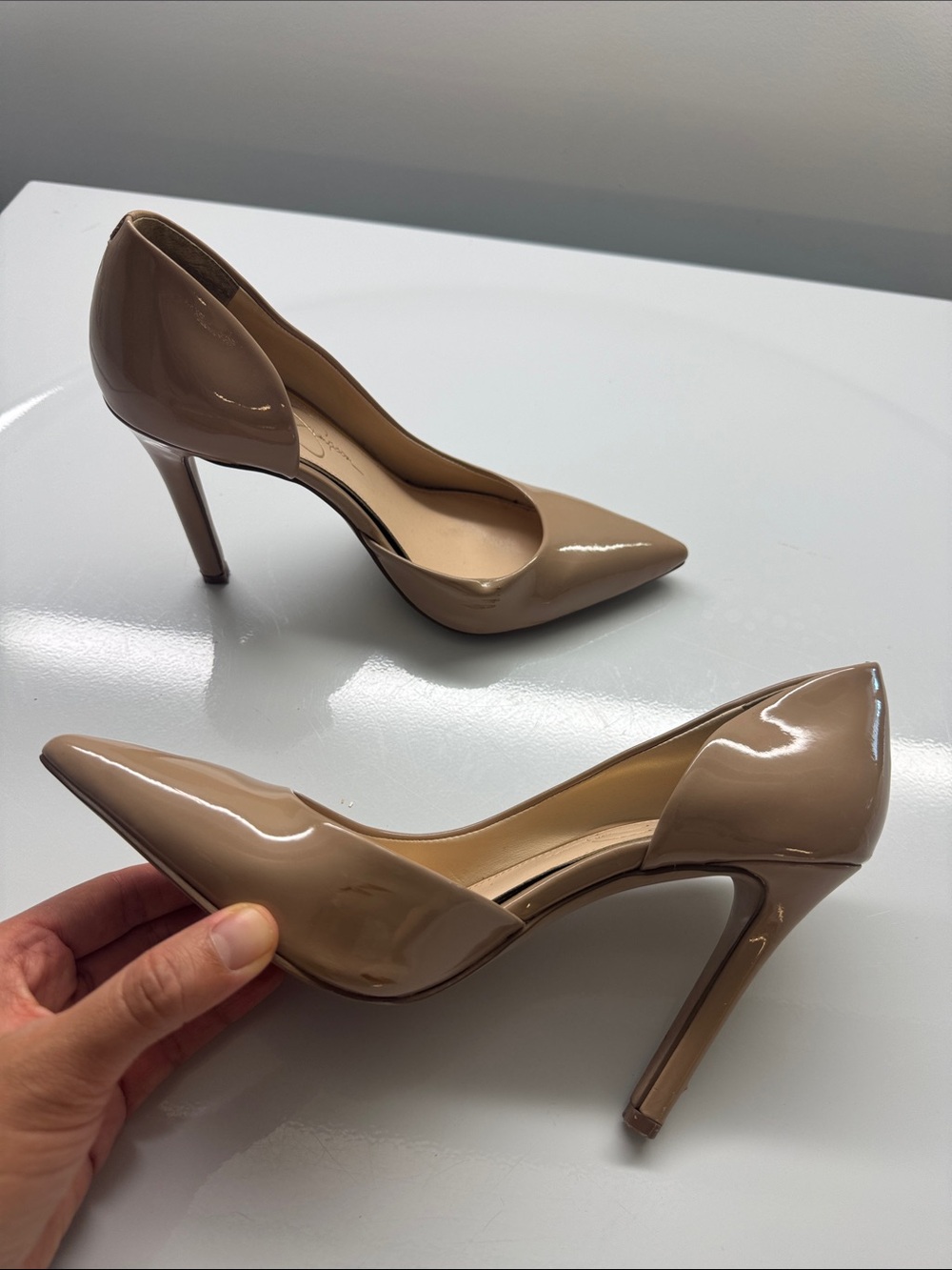Jessica Simpson Beige Patent Pointed-Toe Stiletto Pumps
